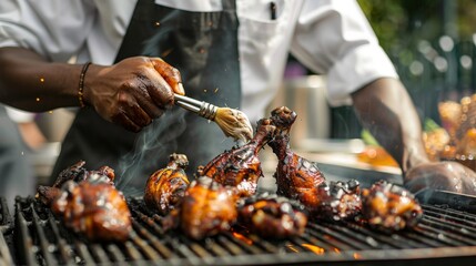 Wall Mural - A chef basting chicken on the grill, ensuring each piece is infused with flavor and moisture.