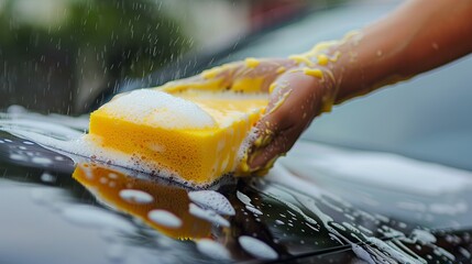 Canvas Print - Close-up of a hand holding a sponge over a car for washing.