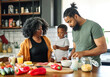© Lumos sp - child family kitchen food boy son mother father breakfast preparing egg morning healthy diet eating home black african american father cooking parent cute meal kid