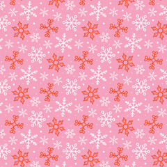 Wall Mural - Christmas snowflakes seamless pattern. White and red snowflakes on pink background. Beautiful modern winter holiday design. Vector illustration.