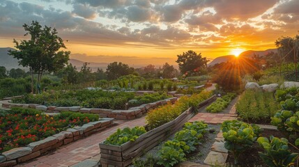 Wall Mural - A beautiful garden with a view of the mountains in the distance. The sun is setting and the sky is a golden orange color.