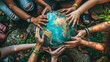 © Prostock-studio - Diverse group of individuals standing in a circle with hands touching, surrounding a globe in the center.