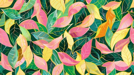 Wall Mural - Intricately intertwined floral pattern with leaves in pink, green, and yellow hues, crafted as a vector illustration background suitable for textile or print applications.