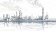 © Elchin Abilov - Line drawing depicting an industrial landscape featuring an oil refinery plant, representing the oil industry, with the sky depicted in a separate layer.