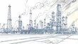 Line drawing depicting an industrial landscape featuring an oil refinery plant, representing the oil industry, with the sky depicted in a separate layer.