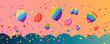 A colorful banner of balloons and confetti with rainbow flags in the background. The banner is meant to represent a celebration or a party