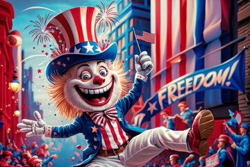 Wall Mural - A cartoon clown holding a flag and smiling in front of the american flag, AI