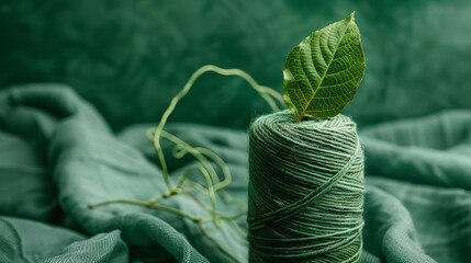 Representation of green sustainable fashion, featuring a leaf atop a green yarn cone against a backdrop of green fabric, symbolizing sustainability.