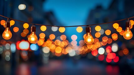 Sticker -   A string of light bulbs dangling from a city street's overhead wire at night, their blurred glow illuminating the surrounding haze