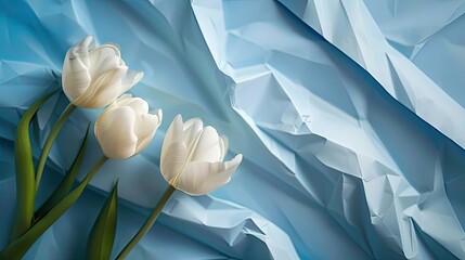 Wall Mural - A stunning arrangement of white tulips pops against a backdrop of blue paper on the left side creating a mesmerizing close up shot