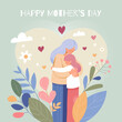 Happy Mother's Day greeting card. Vector cute illustrations of mother and daughter hugging, flowers, leaf  soft colours