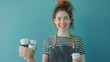 Smiling Barista with Coffee Cups