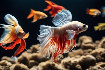 'splendens moment dumbo ear pla fish moon black siamese thailand isolated called yellow background beautiful kad the half betta red big moving fighting tail nature tropical colourful animal motion'