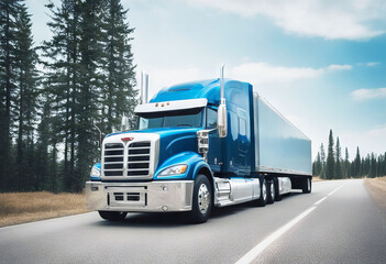 'big blue semi guard rig grille refrigerator truck frozen trabsporting cargo spoiler trailer skirt running straight road hauler freight trucking transportation transport'