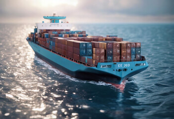 Wall Mural - 'Container Ocean 3d Sea Rendering Ship Shipping Cargo Business Water Sea Ocean Delivery Logistics Boat Ship Transportation Economy Marine 3d rendering Trade Cargo Freight Container Commercial Harbor'