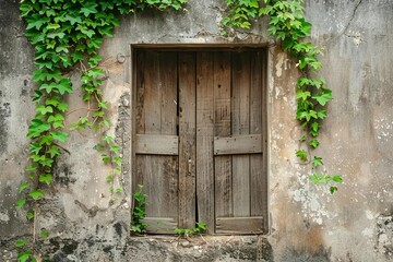 Wall Mural - antique wooden door on old concrete wall with lush green plants rustic architecture photography