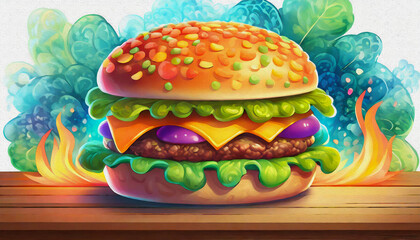 Sticker - oil painting style CARTOON CHARACTER illustration Hamburger on a wooden table with flames,