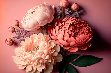 Wall Mural - Peony flowers on a pink background. Generative AI,