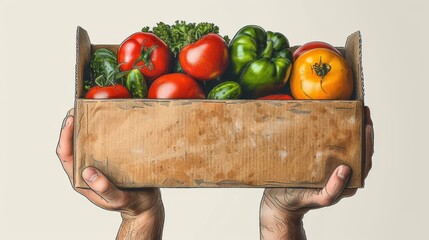 Wall Mural - Food donation concept. Man holding box full of food in a flat design modern illustration on white background.