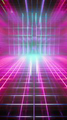 Wall Mural - Futuristic techno Sci-fi neon glowing lines background. Digital artwork. Reflections on the floor and ceiling. Virtual 3D background, representation for business