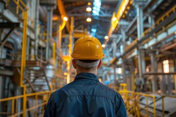 engineers perspective in industrial factory hard hat manufacturing plant back view