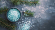 A cup filled with crystals of coarse sea bath salts with a fir aroma. Relaxation spa treatments. Aesthetic macro photography