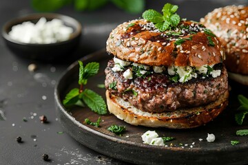 Wall Mural - lamb burger with feta and mint on stoneware plate food photography