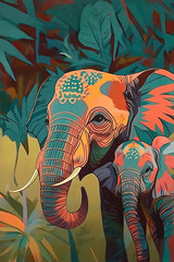 Sticker - AI generated illustration of an elephant's paradise amidst jungle bloom