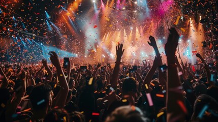 A large group of people gathered at a concert venue, raising their hands and cheering enthusiastically as confetti falls from above.