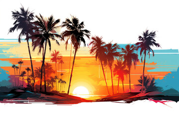 Wall Mural - Palm trees swaying in the breeze against a backdrop of vibrant sunset colors, isolated on solid white background.
