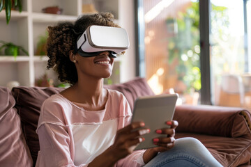 Wall Mural - An African American woman, donning a headset, appears cheerful as she utilizes a tablet in her living room, reflecting her engagement in the digital world.