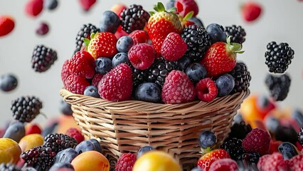 Wall Mural - Fresh fruits falling from above in a basket on a white background