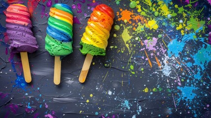 Wall Mural -   Three vibrant ice creams atop a table, backdrop of painted wall with splatters