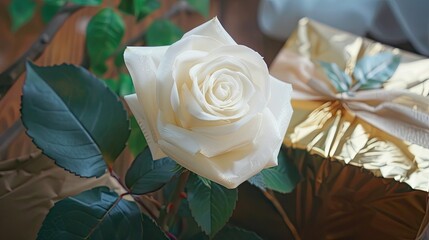 Wall Mural - A stunning white rose accompanied by a gilded gift box perfect for Valentine s Day or a wedding