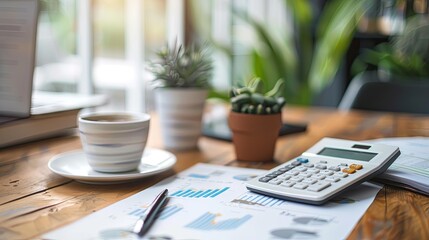 Fototapete - A calculator sits next to a cup of coffee on a table, surrounded by financial documents. Perfect for accounting and finance-related content. Generative AI