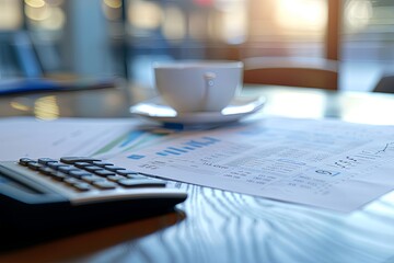 Fototapete - A calculator positioned next to a cup of coffee on a table with financial documents in the background. Generative AI