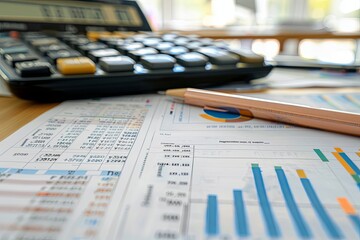 Fototapete - A calculator and pencil laid on top of a spreadsheet, showcasing financial calculations. Generative AI