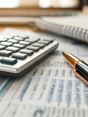 Fototapete - A pen is placed on top of a newspaper next to a calculator on a desk with financial documents, emphasizing a business or financial setting. Generative AI