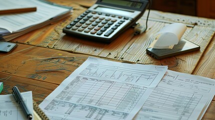 Fototapete - A wooden table filled with numerous papers and a calculator, indicating financial calculations or planning. Generative AI