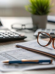 Fototapete - A pair of glasses rests on a desk next to a calculator, surrounded by financial documents. This setup is ideal for accounting services and financial planning. Generative AI