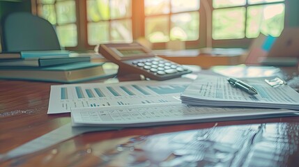 Fototapete - A wooden table with various papers and a calculator scattered on top, showcasing a scene of financial work or accounting tasks. Generative AI
