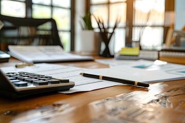 Fototapete - A desk displaying a calculator, pen, and papers, ideal for accounting services, tax consulting, and financial planning. Generative AI