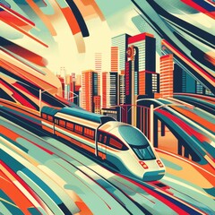 Wall Mural - Urban train passing modern cityscape, ideal for transportation concepts