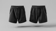 3D rendering of a blank black men's shorts mockup, displaying both front and side views. It's an empty template for basic male boxers or cargo pants, ideal for summer wear.