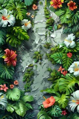 Wall Mural - A painting of a tropical scene with flowers and leaves, AI