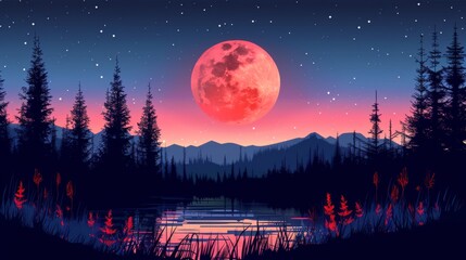 Sticker - A full moon over a lake in the woods at night, AI