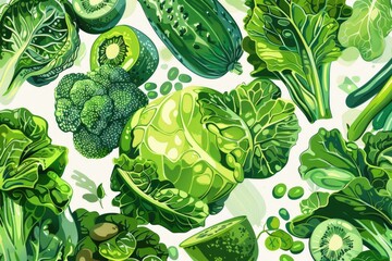 Sticker - A variety of vibrant green vegetables on a clean white backdrop. Perfect for healthy lifestyle and nutrition concepts