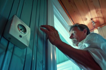 Wall Mural - A man in a white shirt opening a door. Can be used for business or home-related concepts