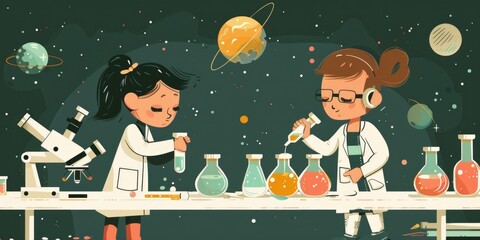 Canvas Print - Young children conducting experiments in a laboratory. Suitable for educational projects