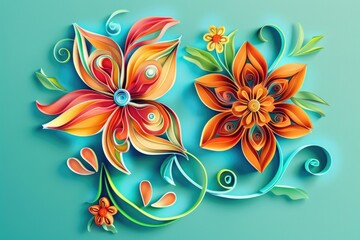 Canvas Print - Two vibrant paper flowers on a serene blue backdrop. Perfect for creative projects and floral-themed designs